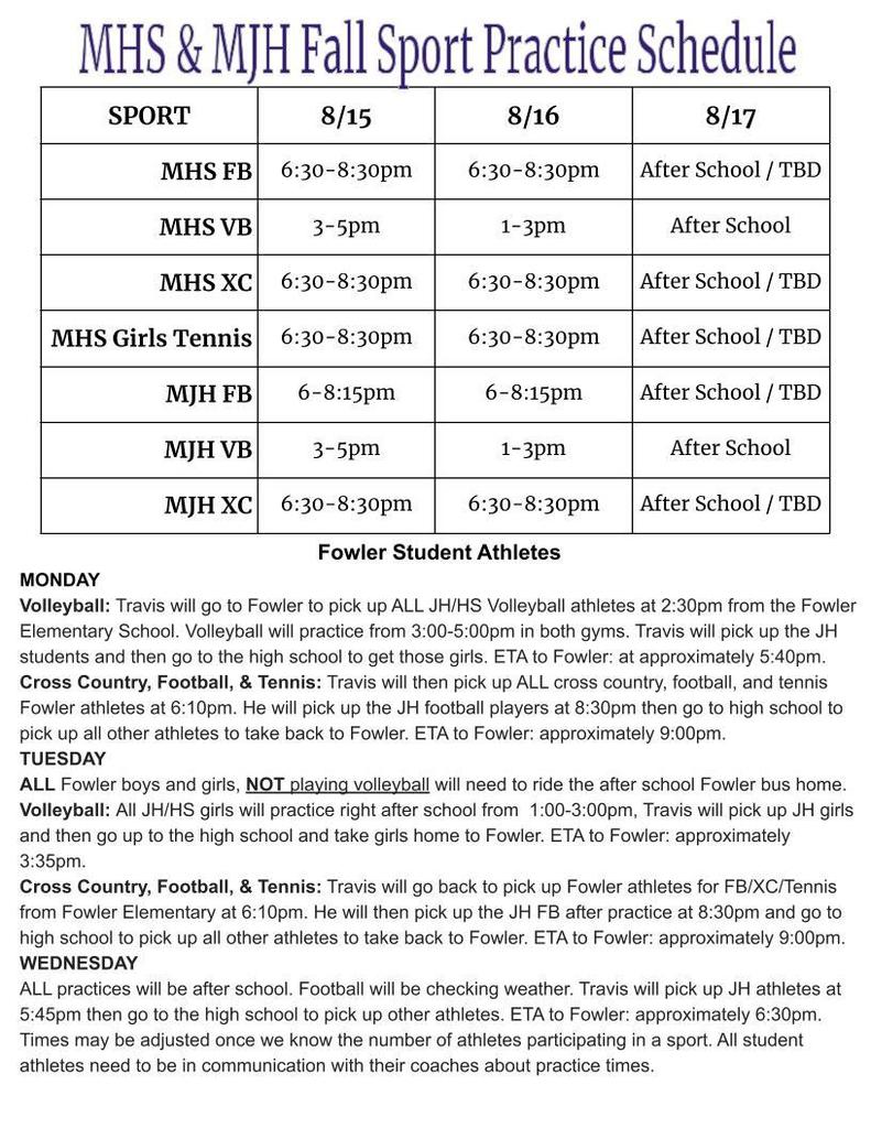 fall sports practice schedule